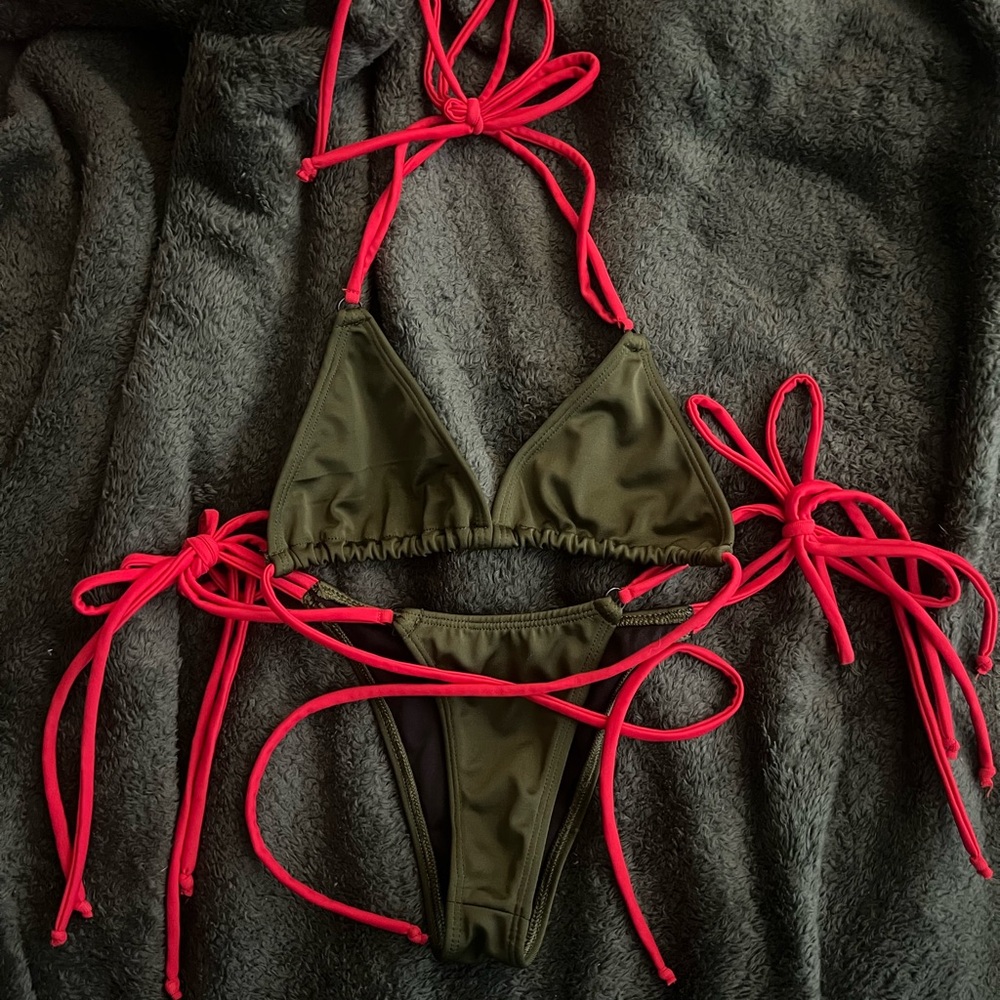 Olive and Red Bikini Set